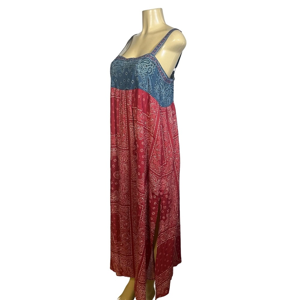 Natural Life Bandana Paisley Print Maxi Dress Tank Red Blue Side Slit Medium
